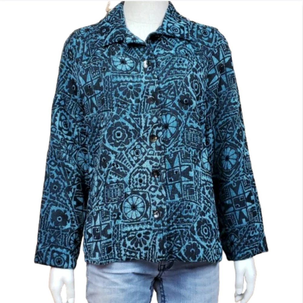 IOS Sequined Jacket NWT Size S Blue Black Collared Button Statement